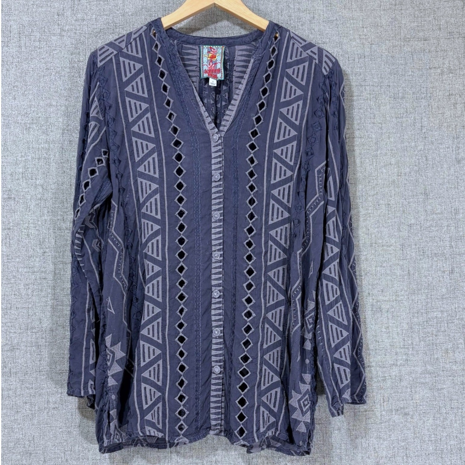 Johnny Was Slate Blue Gray Embroidered Eyelet Cupra Rayon Tunic Blouse Large